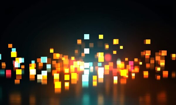 Colorful square lights floating against a dark background with reflection creating abstract bokeh effect
