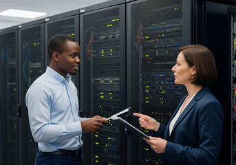 A male and female IT technician or engineer discussing a report on a clipboard while standing in front of server racks in a modern data center.