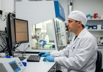 A male scientist or technician in a lab coat and cap works on a computer at a bench, with a laminar flow hood and other scientific equipment in a clean and modern laboratory.