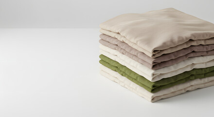 Neatly stacked pile of folded linen fabrics in various neutral earth tones.