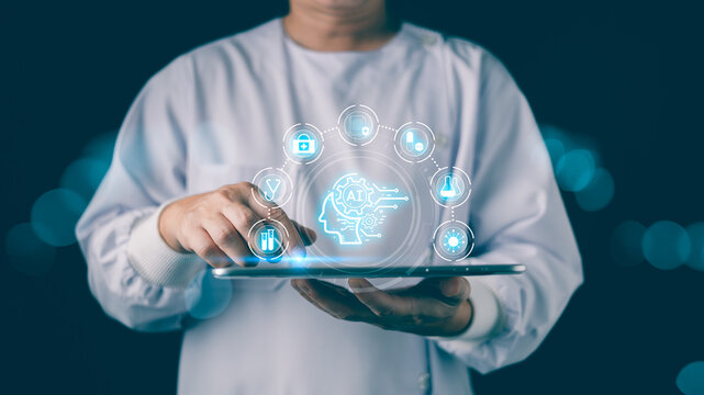 A healthcare professional uses a tablet displaying glowing AI icons linked to medical symbols, artificial intelligence in healthcare, digital diagnostics, smart medicine, and innovative patient care.
