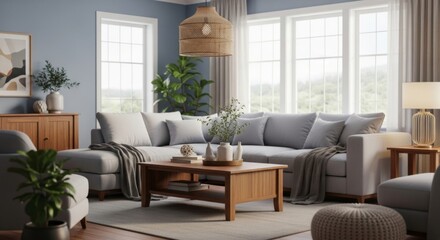 Cozy modern living room interior with natural light and wooden furniture