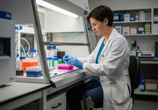 A focused young female scientist in a white lab coat works carefully with test tubes in a rack under a biosafety cabinet.