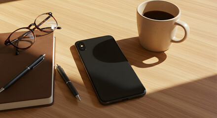 A smartphone rests on a wooden desk beside a notebook, pens, eyeglasses, and a mug of coffee.