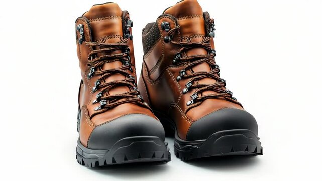 Durable brown leather hiking boots with black laces and soles, realistic style, isolated on white background, concept of outdoor gear