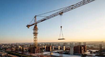 Fototapeta premium Construction site overview with large crane lifting materials against a city skyline under a clear blue sky during golden hour lighting.