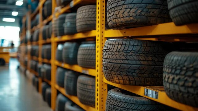 Car tires neatly stacked on bright yellow metal shelves in a warehouse setting, with a shallow depth of field emphasizing industrial storage