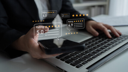 Customer centric review and rating system supports product review, digital rating concept, and...