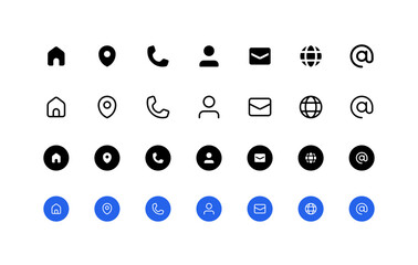 Business card contact information iconography set. Multiple icon set styles