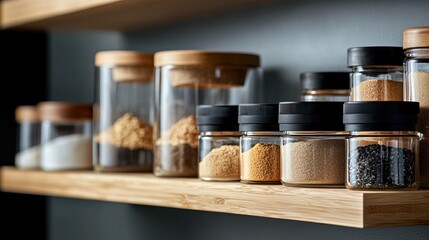 Kitchen spice shelf, jars, pantry, organized, cooking