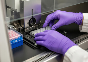 A close-up of a scientist's gloved hands carefully loading a multi-well microplate into an automated analyzer or plate reader.