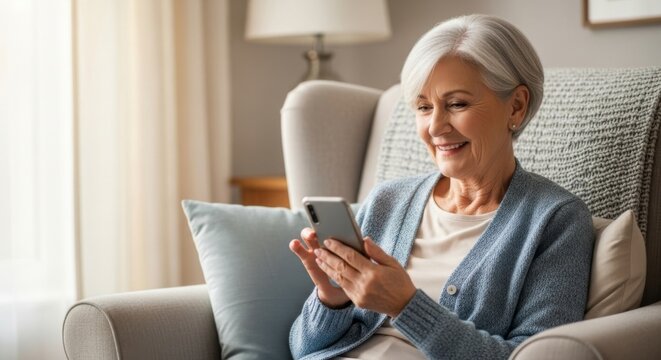 Senior woman relaxing at home using smartphone for communication