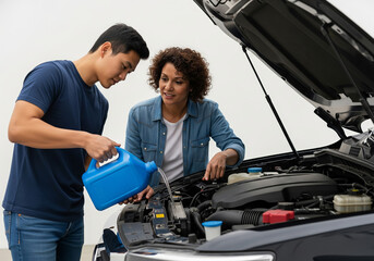 A mother and her young adult son work together on car maintenance. With the hood open, the son pours windshield washer fluid into the car while his mother supervises with a smile.