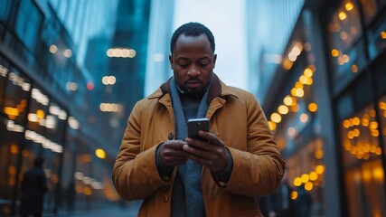 Man wearing brown coat using smartphone, realistic style, urban city background with bokeh lights, concept of communication and technology - Powered by Adobe