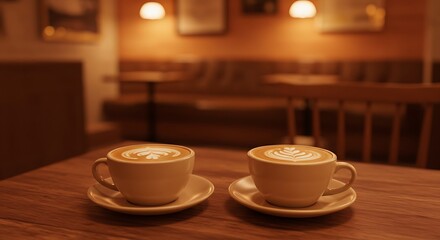 Obraz premium Two cups of coffee on the table, latte art