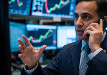 An intense financial trader makes a call in a fast-paced stock exchange environment. Surrounded by multiple screens showing real-time market data and charts, he gestures while negotiating a deal.