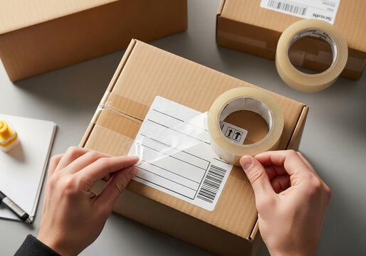 A close-up of a person's hands carefully applying clear packing tape over a shipping label with a barcode on a cardboard box.