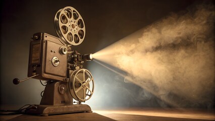 Fototapeta premium Vintage Film Projector, Cinematic Light Beam, Dusty Atmosphere, Nostalgic Mood, Classic Movie Equipment.