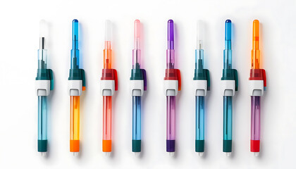 Colorful array of sterile lancets, blood sampling devices on white.