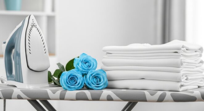Neat home laundry concept with ironing board, fresh stacked towels, and blue roses
