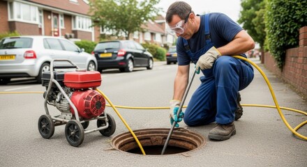 Utility worker cleaning sewer with high pressure hose on residential street for maintenance