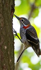 Lesser Spotted Woodpecker on a tree trunk. Active bird in profile near the nest hole, species of woodpecker, Europe. Photo.