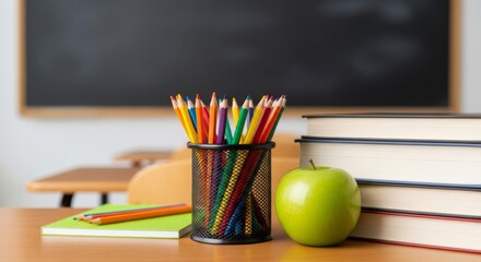 Classroom essentials with colorful pencils, green apple, books, and blackboard for educational themes