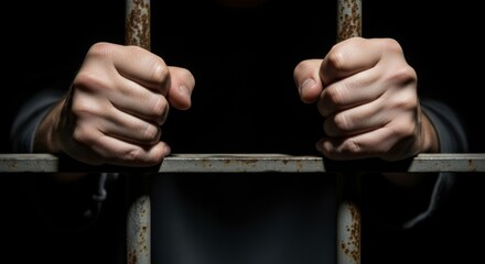 Concept of imprisonment and confinement highlighted by hands gripping rusty jail bars