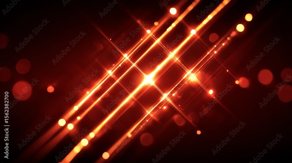 Poster bright red background with a series of glowing lines. the lines are in different colors and are arra