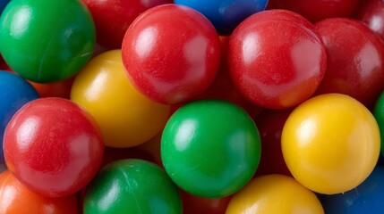 Bunch of colorful plastic balls are piled on top of each other. The balls are of different colors, including red, green, and yellow. Concept of playfulness and fun