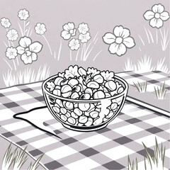 A glass bowl of salad on a picnic rug