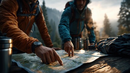 Two outdoor enthusiasts in vibrant jackets study a map on a rustic table, surrounded by backpacks and thermoses in a scenic forest setting.