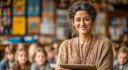 Smiling female teacher holding tablet in classroom with students blurred in background colorful