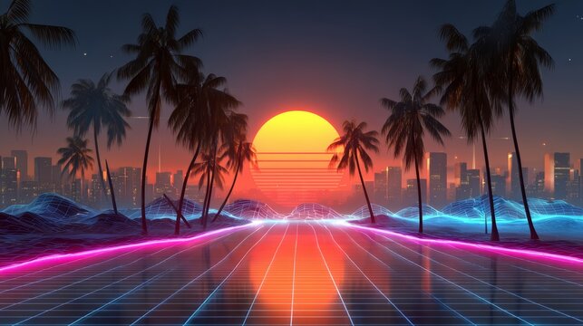 Neon cityscape with a sunset in the background. The city is illuminated with neon lights and the palm trees are silhouetted against the sky. Scene is vibrant and energetic - Powered by Adobe
