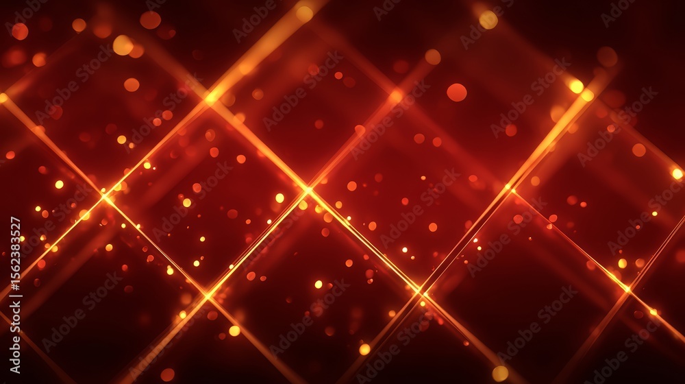 Poster red background with a lot of sparkles and lines. the lines are arranged in a grid pattern, creating 