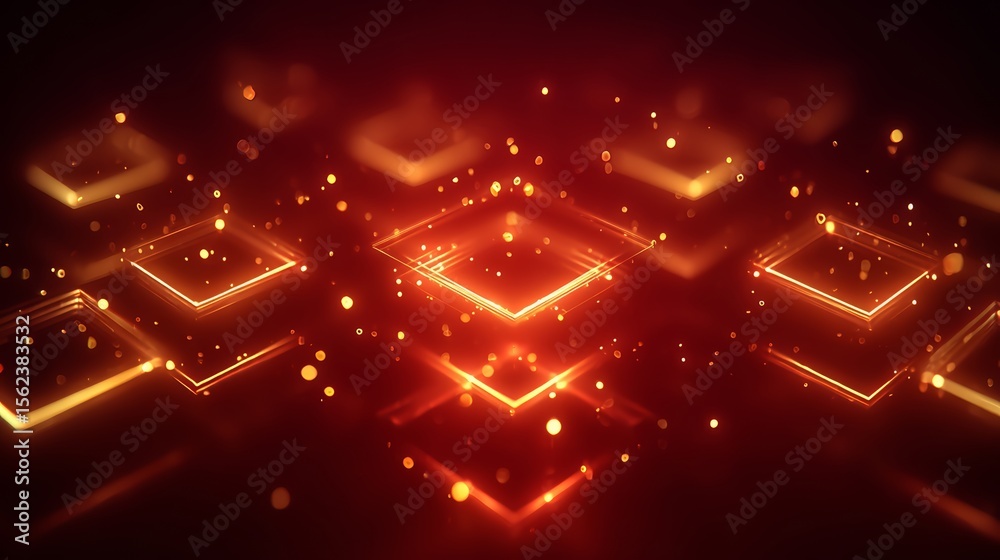 Poster vibrant red background with a multitude of yellow squares and red dots scattered throughout. the squ