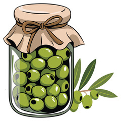 Hand drawn olive jar with branches Mediterranean food vector art