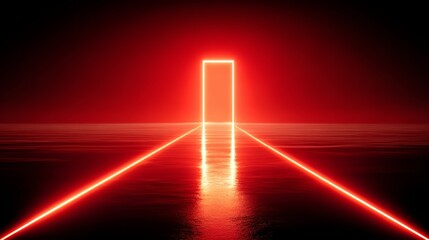 Obraz premium Red lighted path is shown on a dark background. The path is lit up and he is leading somewhere