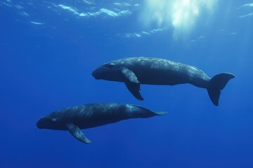 Fototapeta premium Whales swim gracefully beneath the surface in a vibrant blue ocean during a sunny day, Whales swimming