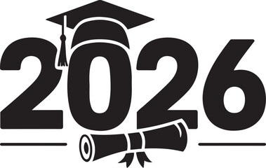 Class of 2026 graduation design with cap and diploma icon, bold black silhouette vector for senior year celebration