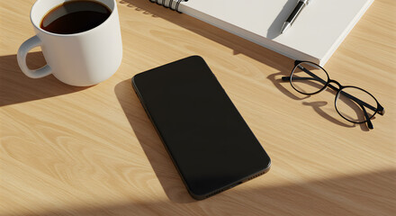 A black smartphone rests on a light brown wooden desk, next to a coffee mug, notebook, pen, and eyeglasses.