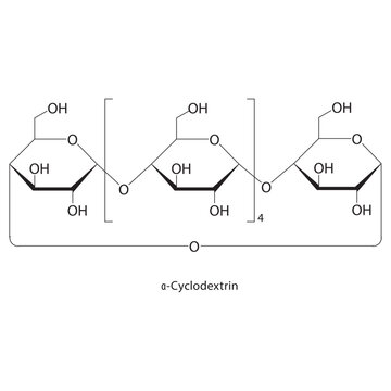 &alpha;-Cyclodextrin skeletal structure. Cyclic oligosaccharide compound schematic illustration. Simple diagram, chemical formula.