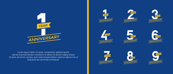 set of anniversary logo flat yellow and white color on blue background for celebration moment