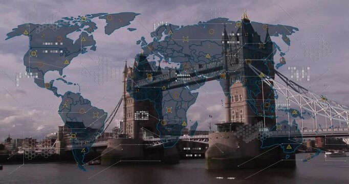 Animation fading world map overlay over stone bridge, adding grids and dots for data visualization