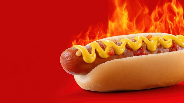 Spicy hotdog with mustard and ketchup on vibrant red background with flames - Powered by Adobe