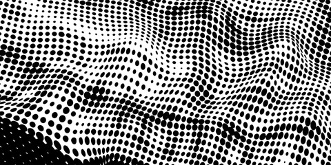 Fototapeta premium Halftone wavy grunge background. Fading grain gritty textured wallpaper. Black white comic noise grit surface. Pixelated speckles, dots and particles overlay vector