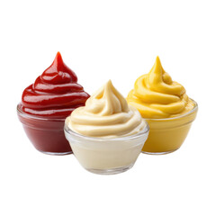 Three different colored sauces in small cups
