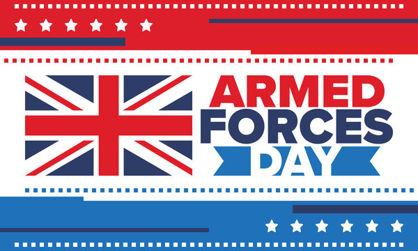 Armed Forces Day in United Kingdom. Great Britain flag. Veterans' and Memorial Day. Holiday to honoring the armed forces. British flag. Army Day. Creative art poster. Vector illustration