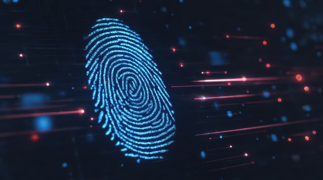 Bright Blue Fingerprint Abstract Illustration with Dynamic Lines and Sparkling Particles on Dark Background - Powered by Adobe