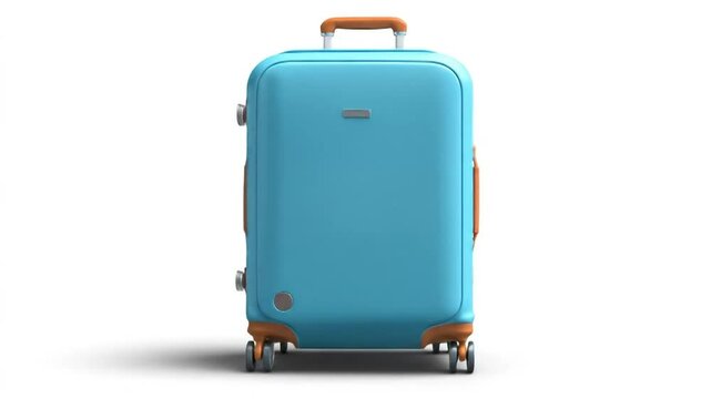 A light blue, hard-shell suitcase with brown accents and wheels stands upright against a white background.